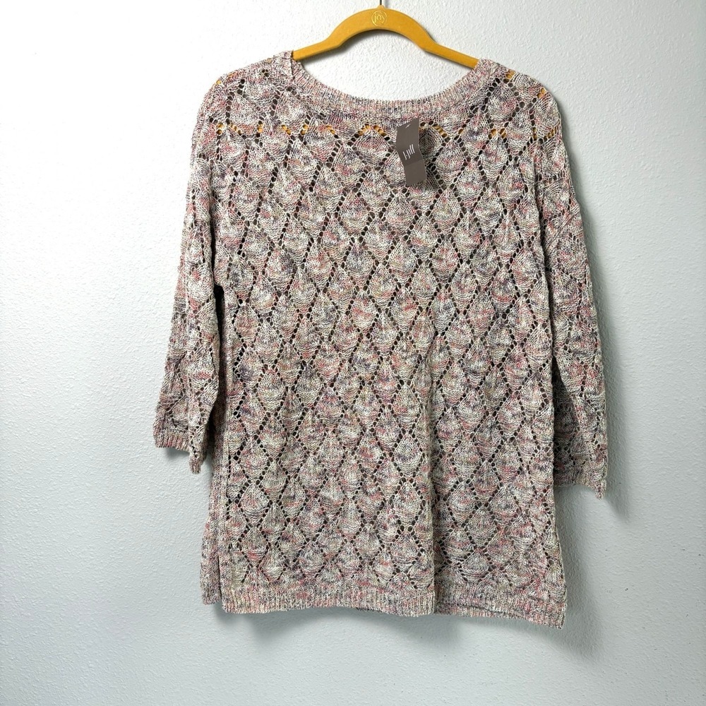 J Jill Open Knit Sweater Size S Pebble Multi Diamond Pattern Side Slits NWT